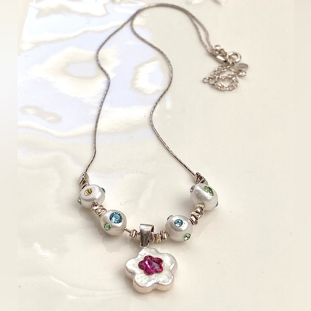 N277-Handmade S925 Freshwater Pearl Crystal Necklace - Picture 3 of 14